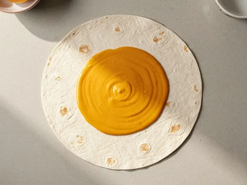 Step 2: Lay the large flour tortilla flat on a work surface. Spread the nacho cheese sau