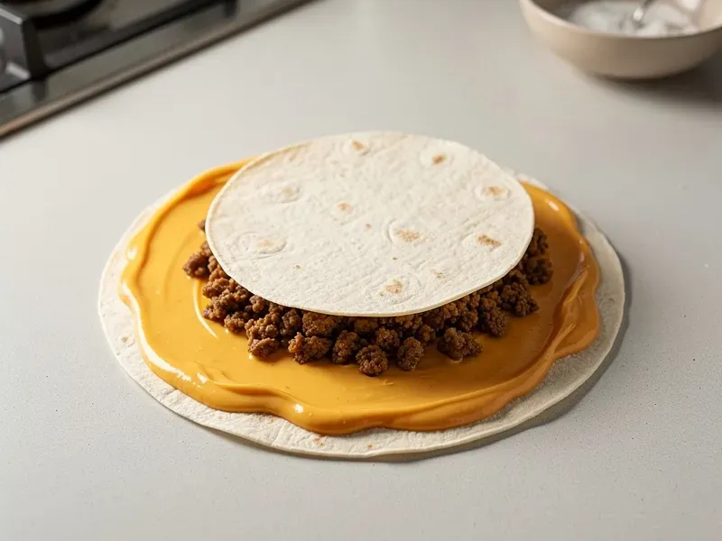 Step 3: Spoon the seasoned beef on top of the nacho cheese. Place the tostada shell flat