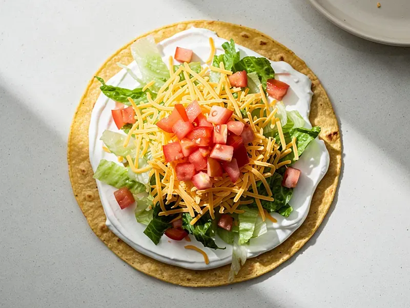 Step 4: Spread sour cream on the tostada shell. Add lettuce, diced tomato, and shredded