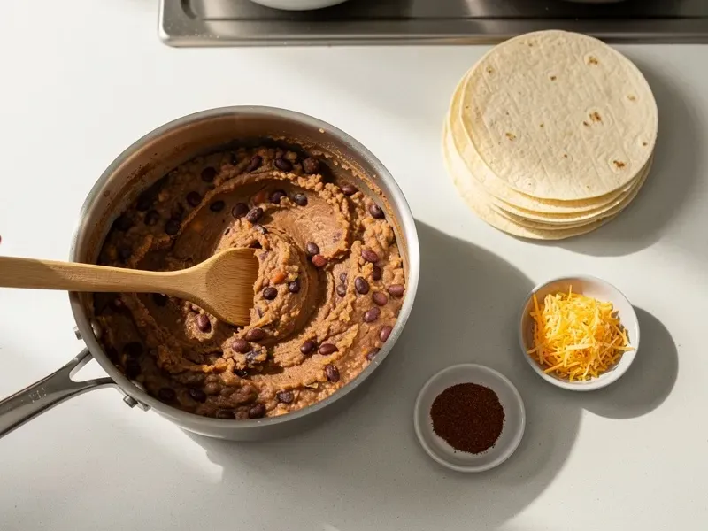 Step 3: Warm the refried beans in a small saucepan or microwave until spreadable.