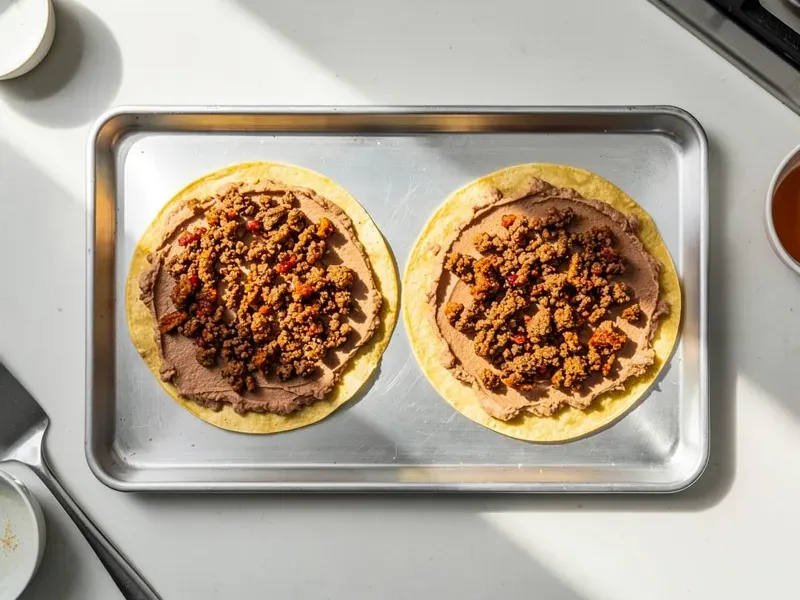 Step 4: To assemble, place two fried tortillas on a baking sheet. Spread a layer of refr