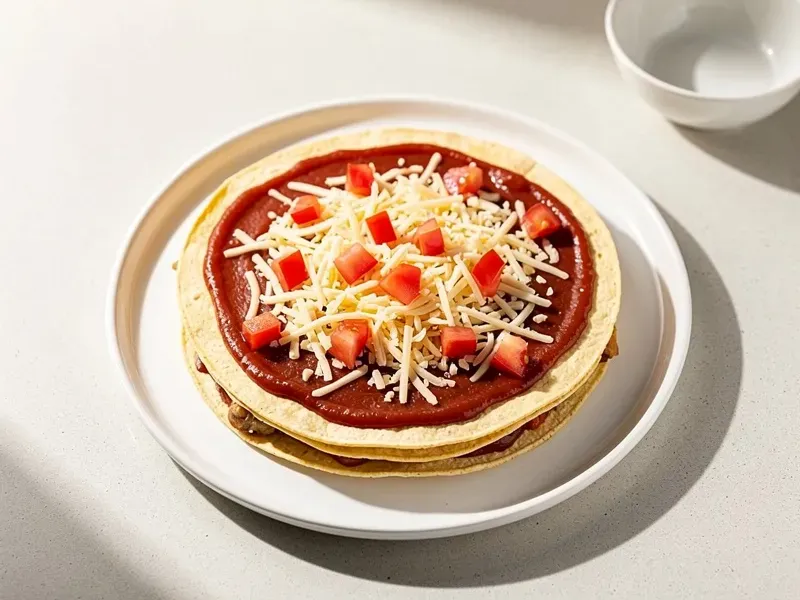 Step 5: Place the remaining two fried tortillas on top to form a sandwich. Spread pizza 