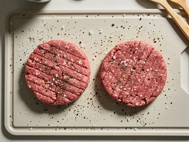 Step 2: Form the ground beef into two flat patties, each slightly wider than the bun. Se