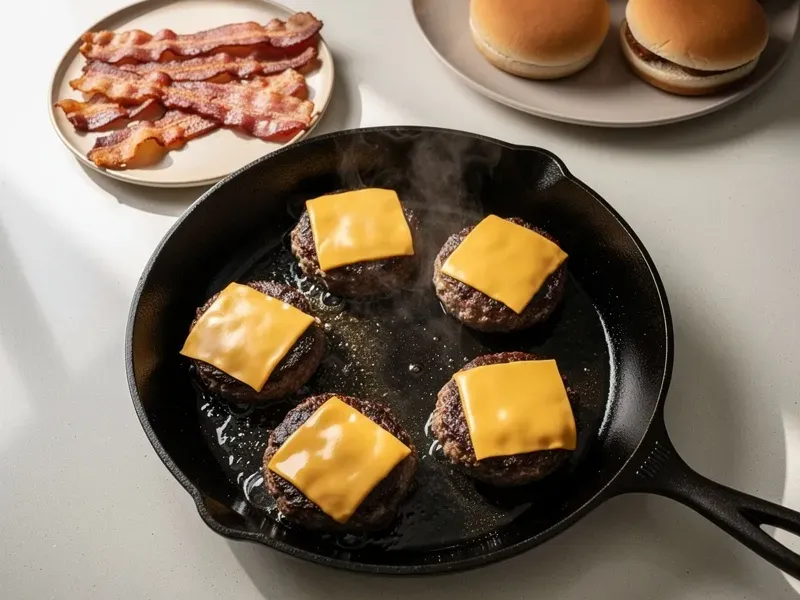 Step 3: Cook the patties in the skillet with the reserved bacon grease over medium-high 