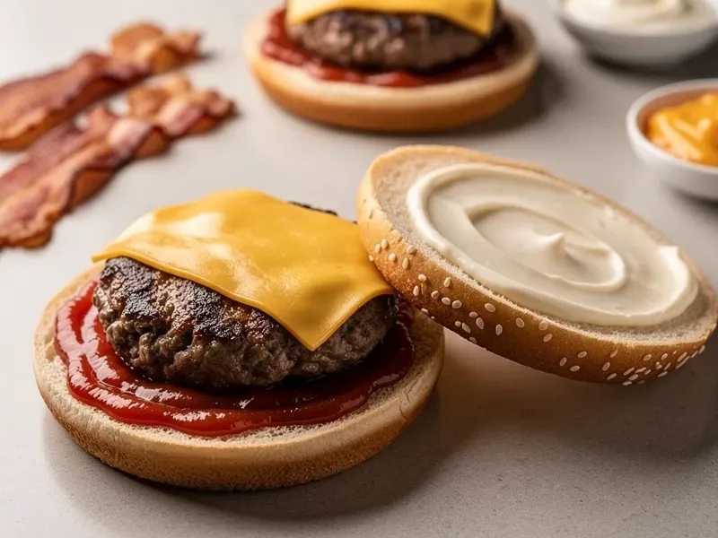 Step 5: Spread ketchup on the bottom bun and mayonnaise on the top bun. Place the first 