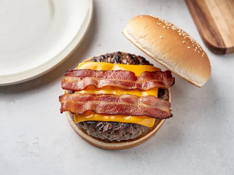 Step 6: Layer 3 strips of bacon on the first patty. Stack the second cheese-topped patty