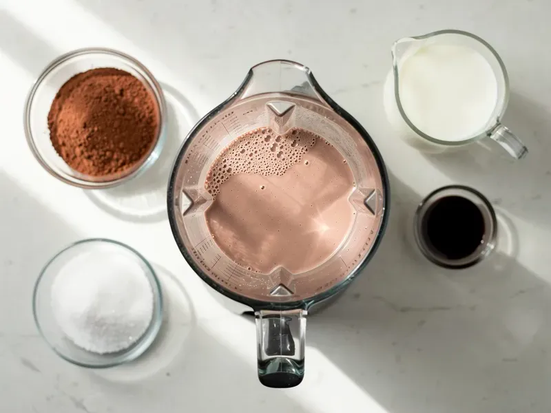 Step 1: In a blender, combine the whole milk, chocolate syrup, cocoa powder, sugar, and