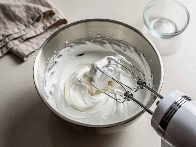Step 2: In a separate chilled bowl, whip the heavy cream with a hand mixer until soft pe