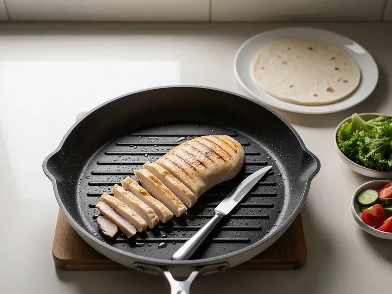 Step 2: Heat a grill pan or skillet over medium-high heat. Cook the chicken breast for 5