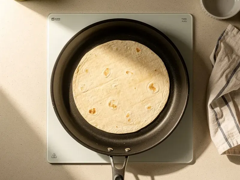 Step 3: Warm the flour tortilla in a dry skillet over medium heat for about 15 seconds p