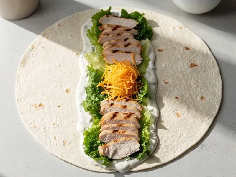 Step 4: Spread the ranch dressing in a line down the center of the tortilla. Layer the r