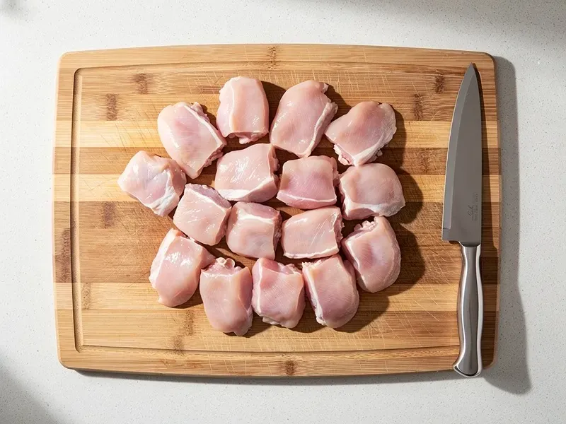 Step 1: Cut the chicken breast into bite-sized chunks, roughly 2.5cm (1 inch) each. You 