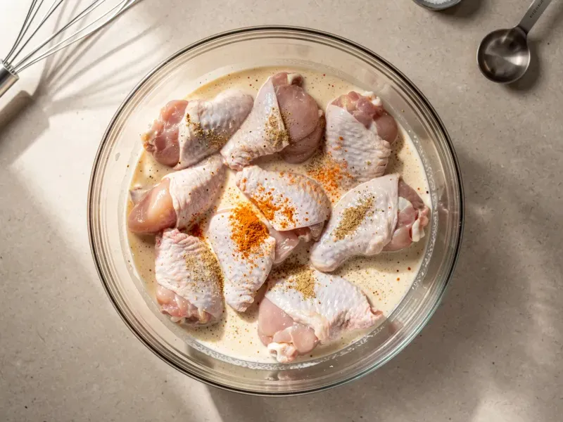 Step 2: In a bowl, combine the buttermilk, garlic powder, onion powder, and cayenne pepp