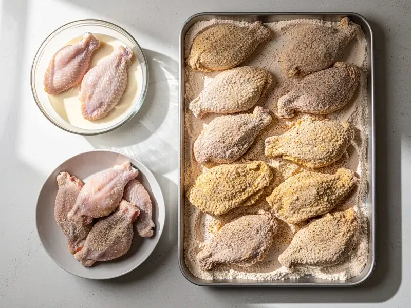 Step 4: Remove the chicken pieces from the buttermilk, letting the excess drip off. Dred