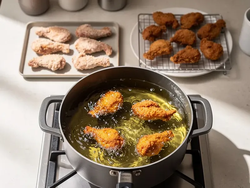 Step 5: Heat vegetable oil in a deep pot or fryer to 190C (375F). Working in batches of 