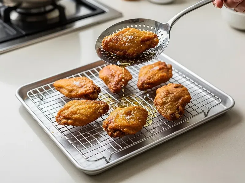 Step 6: Remove with a slotted spoon and drain on a wire rack set over a baking sheet. Se