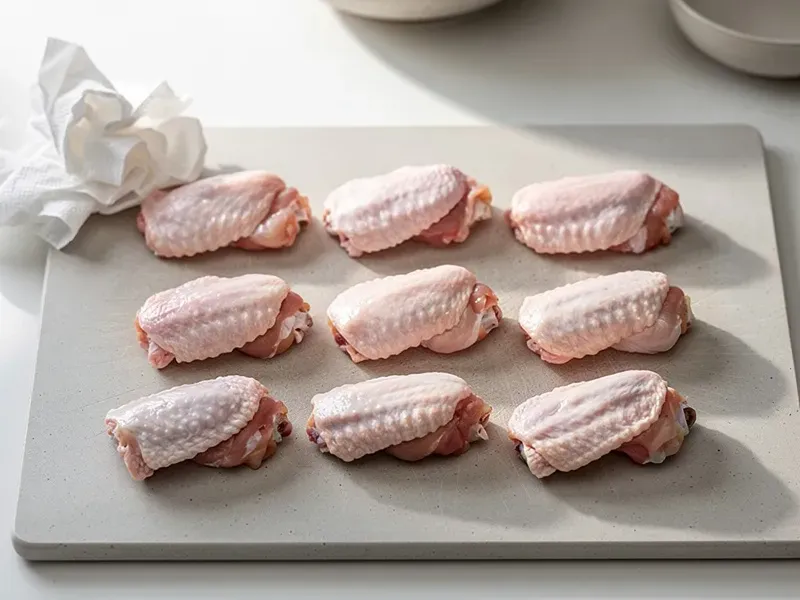 Step 1: Pat the chicken wing pieces completely dry with paper towels. Removing surface m