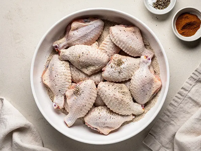 Step 2: In a large bowl, toss the wings with the baking powder, salt, black pepper, garl